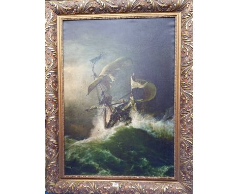 A.T.O. A LARGE COLOURED PRINT of a stormy shipping scene, in a highly ornate frame. 38.5" x 51.5".