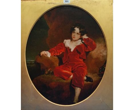 A.T.O. A COLOURED PORTRAIT PRINT of a young boy in a red velvet dress, in a slipped frame. 21.75" x 25.75".