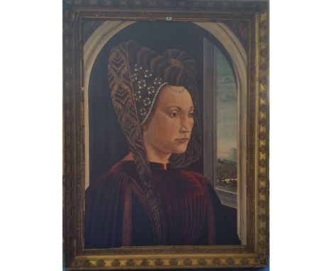 A.T.O. A LARGE COLOURED PRINT of a lady in an early period gilt frame. 58" x 75.5".