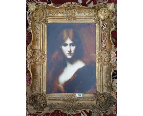 A.T.O. A COLOURED PORTRAIT PRINT of a red haired woman in a period 19th century frame. 22.5" x 28.5".