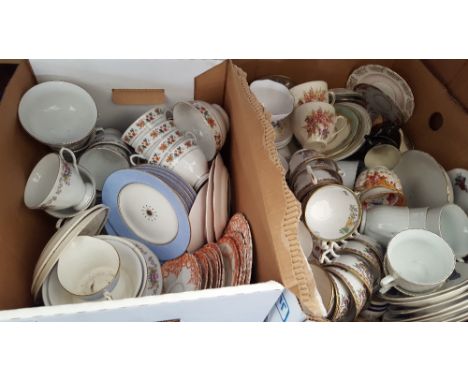 THREE BOXES OF CHINA CUPS, SAUCERS & PLATES.