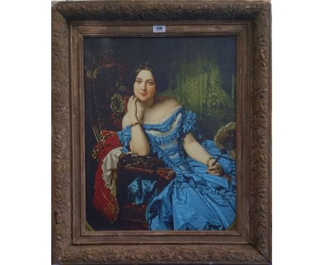 A.T.O. A VERY LARGE COLOURED PORTRAIT PRINT of a lady in a blue dress. framed. 26" x 31".