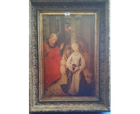 A.T.O. A COLOURED PORTRAIT of a religious scene, in a 19th century gilt frame. 25.5" x 34.5"