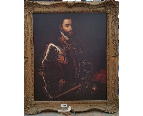 A.T.O. A COLOURED PRINT of an 18th century military gentleman in a gilt frame. 25" x 28.5".
