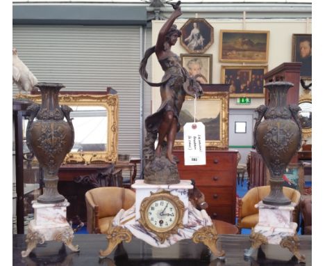 A FRENCH WHITE MARBLE CLOCK GARNITURE SET with gilt brass legs and bezel and with a bronzed figure of a lady to the top 'Hymn