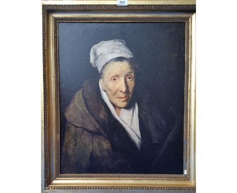 A.T.O. A COLOURED PORTRAIT PRINT of an elderly lady in an early 20th century gilt frame. 26" x 30".