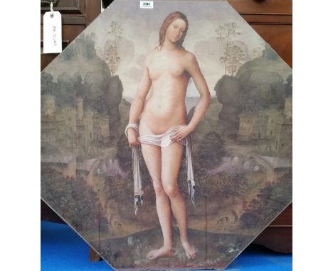 AN OCTAGONAL COLOURED PRINT of a nude woman. 32" x 32".