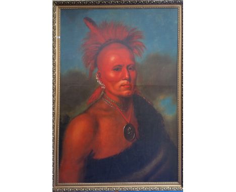 A.T.O. A VERY LARGE COLOURED PORTRAIT PRINT of an American Indian in a highly ornate frame. 65" x 93".