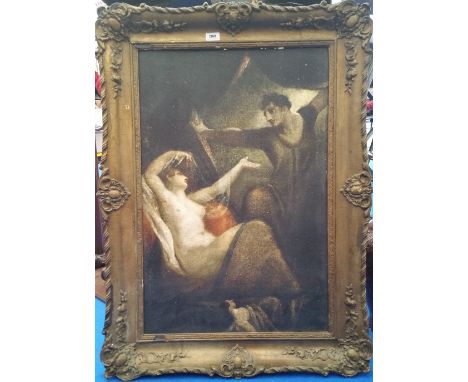 A.T.O. A  COLOURED PRINT of a naked woman and her lover in a 19th century gilt frame. 30" x 40.5".