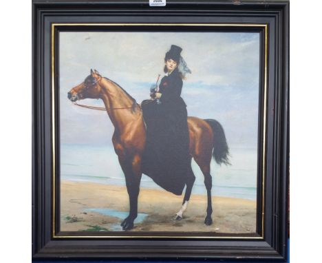 A.T.O. A COLOURED PORTRAIT of a lady on horseback. 24.5" x 24.5".