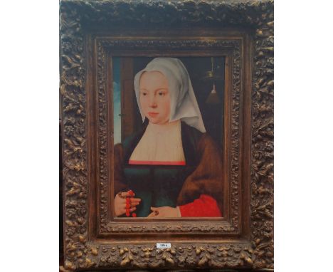 A.T.O. A COLOURED PORTRAIT PRINT OF A LADY IN A PERIOD DRESS in a gilt frame.