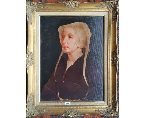 A.T.O. A COLOURED PRINT of a lady, framed. 24" x 30.5".