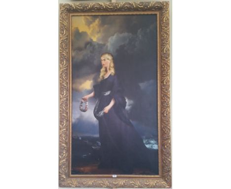 A.T.O. A VERY LARGE COLOURED PORTRAIT PRINT of a beautiful young woman by stormy seashore, in a highly ornate gilt frame. 44"