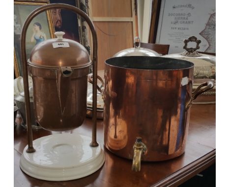 A COPPER TEA URN (lacking lid), along with another with fitted interior on a ceramic base (2).