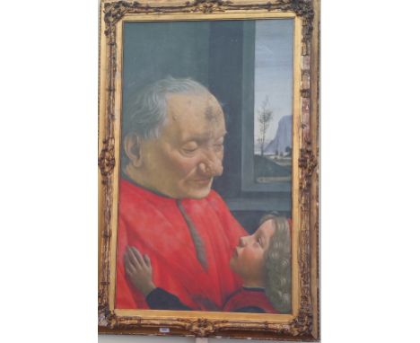 A.T.O. A LARGE COLOURED PORTRAIT PRINT of a cleric and child in a 19th century gilt frame. 36.5" x 56".