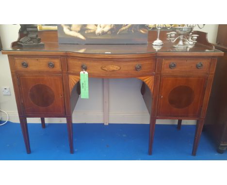 A LOVELY 19TH CENTURY MAHOGANY INLAID BOW FRONT SIDEBOARD.