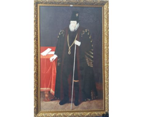 A.T.O. A VERY LARGE COLOURED PORTRAIT PRINT of a man in period dress in a highly ornate frame. 54.5" x 83.5".