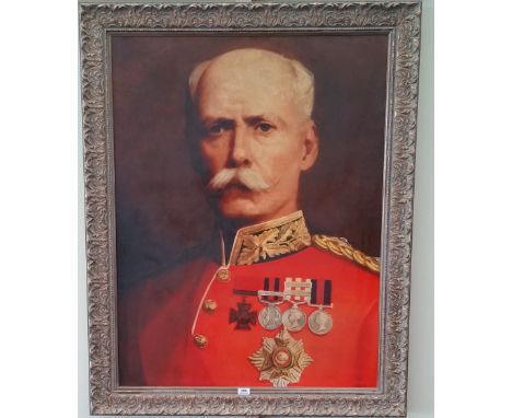 A.T.O. A VERY LARGE COLOURED PORTRAIT PRINT of a military man in a highly ornate frame. 39.75 x 49.75".