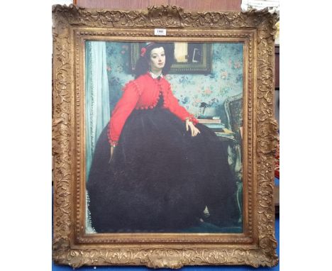 A.T.O. A COLOURED PORTRAIT PRINT of a woman in a red shawl. 28.75" X 33".