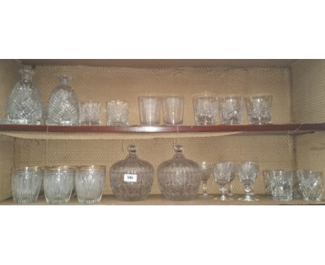 TWO ART DECO STYLE DECANTER BOTTLES, together with a pair of lidded bonbon dishes, six whiskey glasses with gilded rims and o