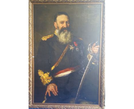 A.T.O. A VERY LARGE COLOURED PORTRAIT PRINT of a military man in a highly ornate frame. 66.75" X 96".