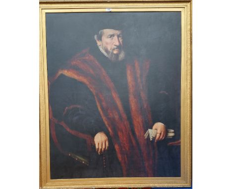 A.T.O. A LARGE COLOURED PRINT of a bearded 18th century gentleman in a 19th century gilt frame. 45.5" x 55".
