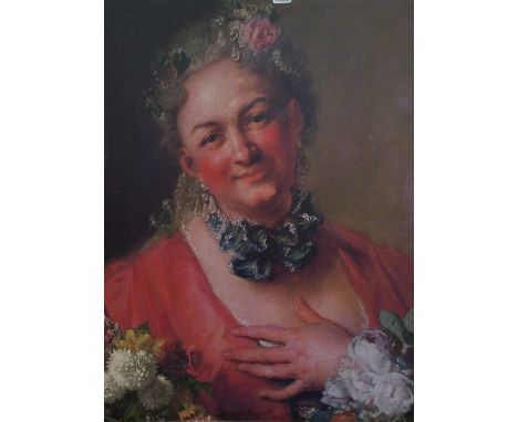 A.T.O. A COLOURED PORTRAIT PRINT of a woman in pink. U.F. 28" x 37".