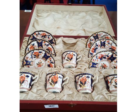 A CASED SET OF COALPORT DEMI-TASSE CUPS & SAUCERS IN IMARI COLOURS (one cup missing).