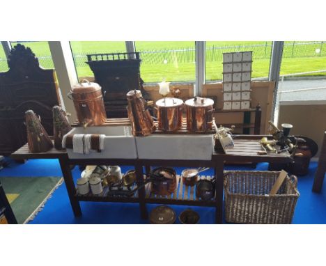 A PROP OF A KITCHEN UNIT with an open shelf below a large pair of Belfast sinks with a draining board at either end. (Sir Mal