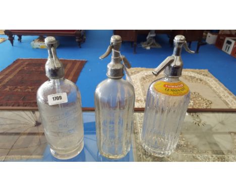 THREE VINTAGE SODA SIPHONS, Cousins & Co Wexford, P Murphy & Sons Ballymena and Mineral Waters Distributors Dublin. 