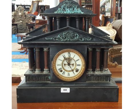 A WONDERFUL BLACK MARBLE MANTEL CLOCK BY ANSONIA CLOCK CO. NEW YORK. U.S.A. with a white enamelled face with roman numerals a