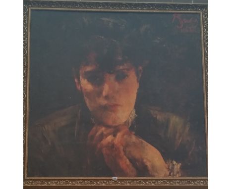 A.T.O. A VERY LARGE COLOURED PORTRAIT PRINT of a woman in a gilt frame. 65" x 63.5".