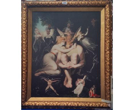 A.T.O. A COLOURED PRINT of a mythical beast along with another print, framed. 29.5" x 35" and 43.5" x 28".