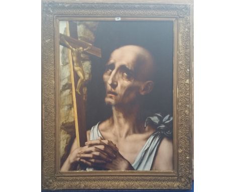 A.T.O. A COLOURED PORTRAIT PRINT of a man praying, framed. 45" X 56".