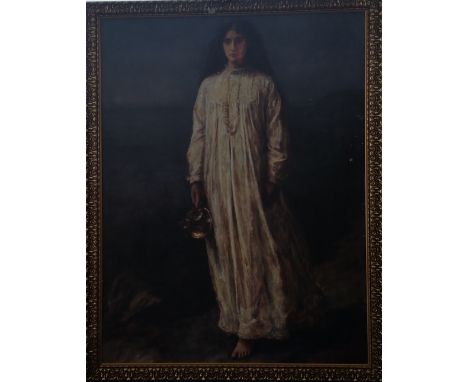 A VERY LARGE COLOURED PORTRAIT PRINT of a young girl in a nightdress, in a highly ornate frame. 65" x 83".