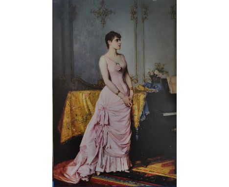 A.T.O. A VERY LARGE COLOURED PRINT of a lady in a pink dress. U.F. 50.5 x 75".