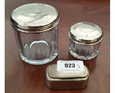 SIR MALCOLM: TWO VANITY JARS, THE LIDS ENGRAVED WITH THE LETTER 'M' & A SNUFF BOX (3).
