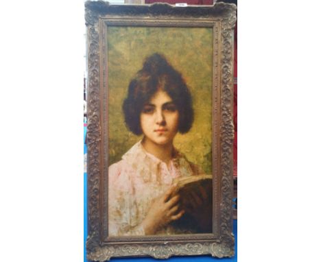A.T.O. A COLOURED PORTRAIT PRINT OF A YOUNG LADY in a gilt frame. 