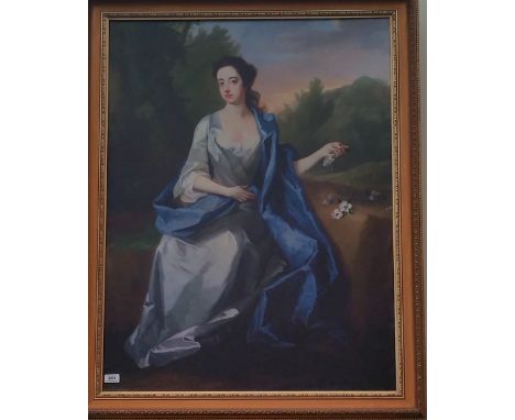 A.T.O. A LARGE COLOURED PORTRAIT PRINT of a lady in a blue dress, well framed. 35.5" x 45".