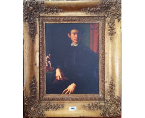 A.T.O. A COLOURED PORTRAIT PRINT of an Italian young man in a 19th century frame. 19.25" x 23".