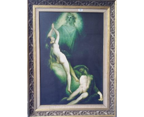 A.T.O. A COLOURED PORTRAIT PRINT of a nude female meeting God, framed. 33" x 44".