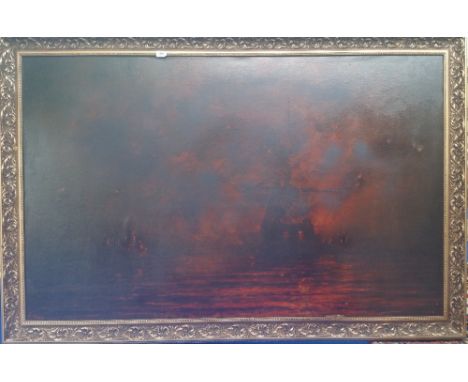 A.T.O. A VERY LARGE COLOURED PRINT of a shipping battle scene in a gilt frame. 6' X 4'.