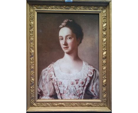 A.T.O. A COLOURED PORTRAIT PRINT of a young woman in a pink floral dress, framed. (Talbot ranch). 19.5" x 24.5".