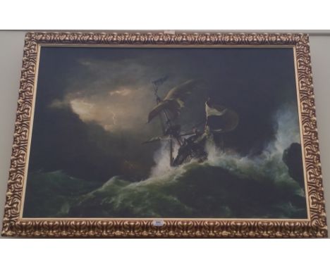 A.T.O. A LARGE COLOURED PRINT of a ship in stormy seas in a gilt frame. 47" x 35.5"