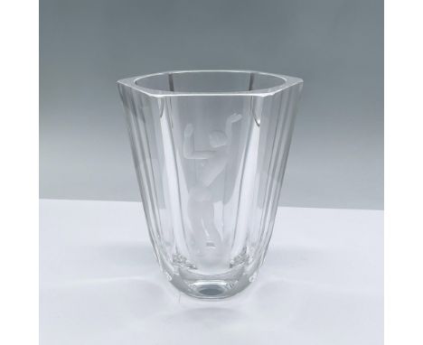 Hexagonal cut glass vase with engraved illustration of nude woman. Orrefors etched mark. Issued: 20th centuryDimensions: 6"H 