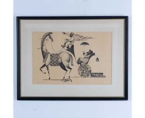 Horse and Chariot is a captivating monochrome lithograph on paper, created by Polish-Israeli artist Moshe Bernstein. Renowned