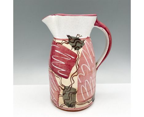 Hand crafted and hand painted one of a kind styled stoneware pitcher with colorful design in rose, salmon, white and gray. Lo