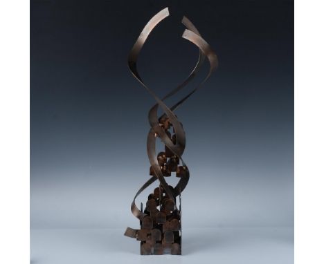 Modernist architectural twisted bronze metal set on metal arched stacked panels creating a unique base. Issued: 21st centuryD