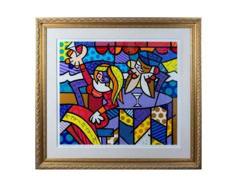 Monumental color serigraph on paper entitled Doing Lunch by Miami based Neo-Pop artist Britto. He depicts a joyous rendezvous