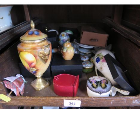 A Coalport vase and cover painted with fruit, similar miniature wares by Caverswall, Crummles &amp; Co enamel boxes, butterfl